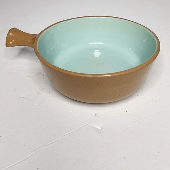 Vintage TST Chateau Buffet Handled Soup Chili Bowl Lt. Brown & Aqua pottery - Picture 1 of 4